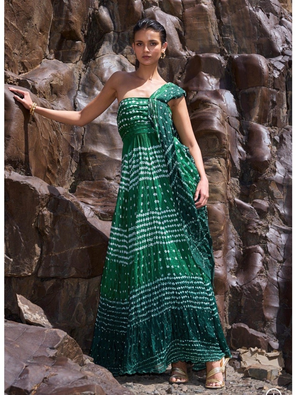 Dash & Dot Green Bandhani Print Indian Saree Lehenga Dress